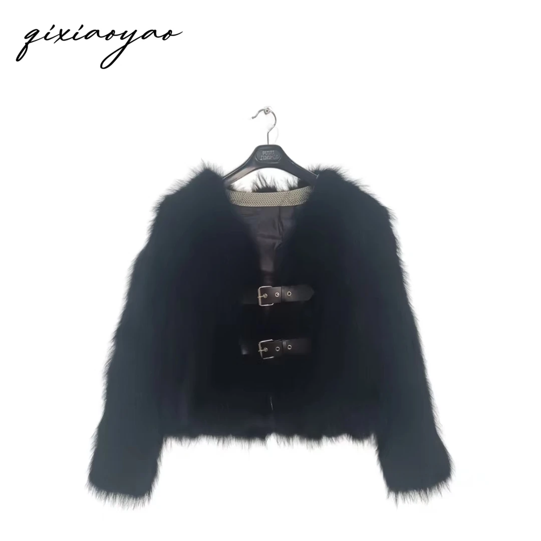 Qixiaoyao 新款皮扣款圆领纯色狐狸毛外套#QSDH29515