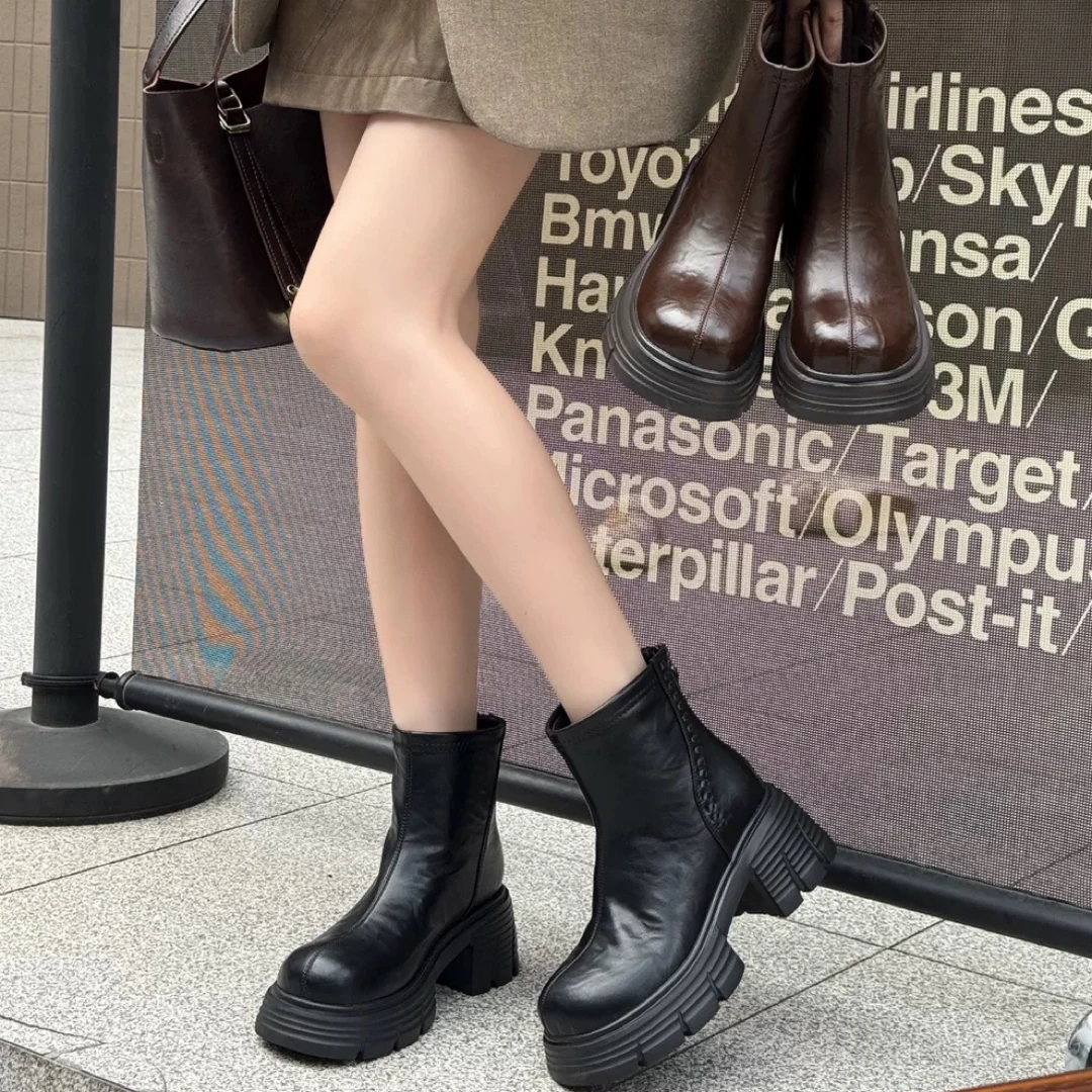 加绒瘦瘦靴短靴（66117）粗跟女冬季复古小个子英伦风冬新疆包邮