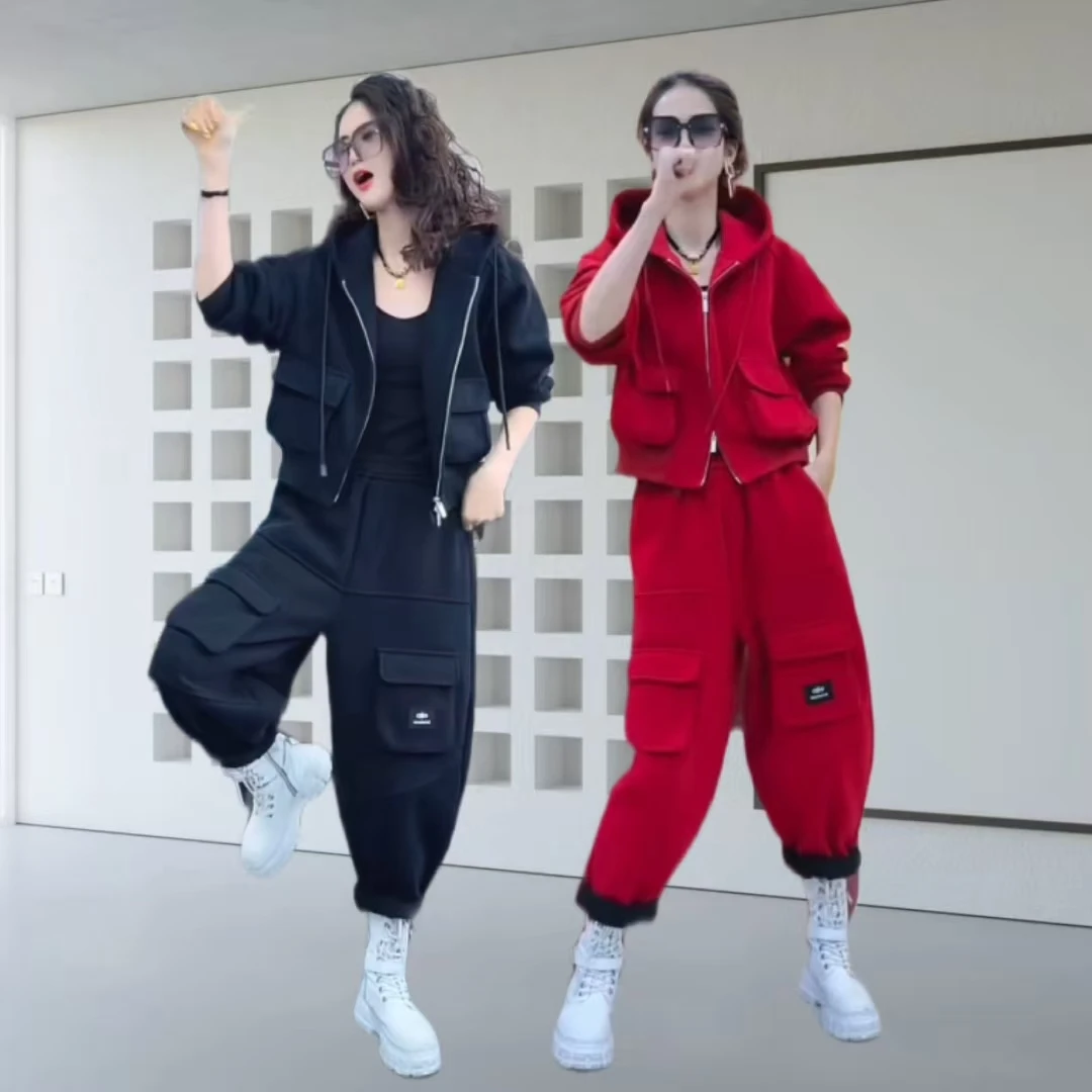 新年红色时尚加绒休闲运动套装女秋冬网红连帽减龄开衫洋气哈伦裤