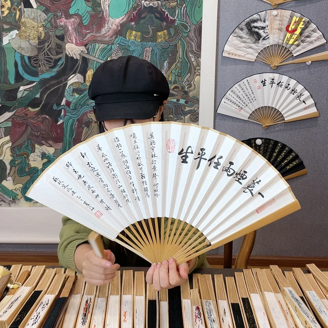 国画95寸玉竹-纯手绘-文玩扇骨（默认粘好）