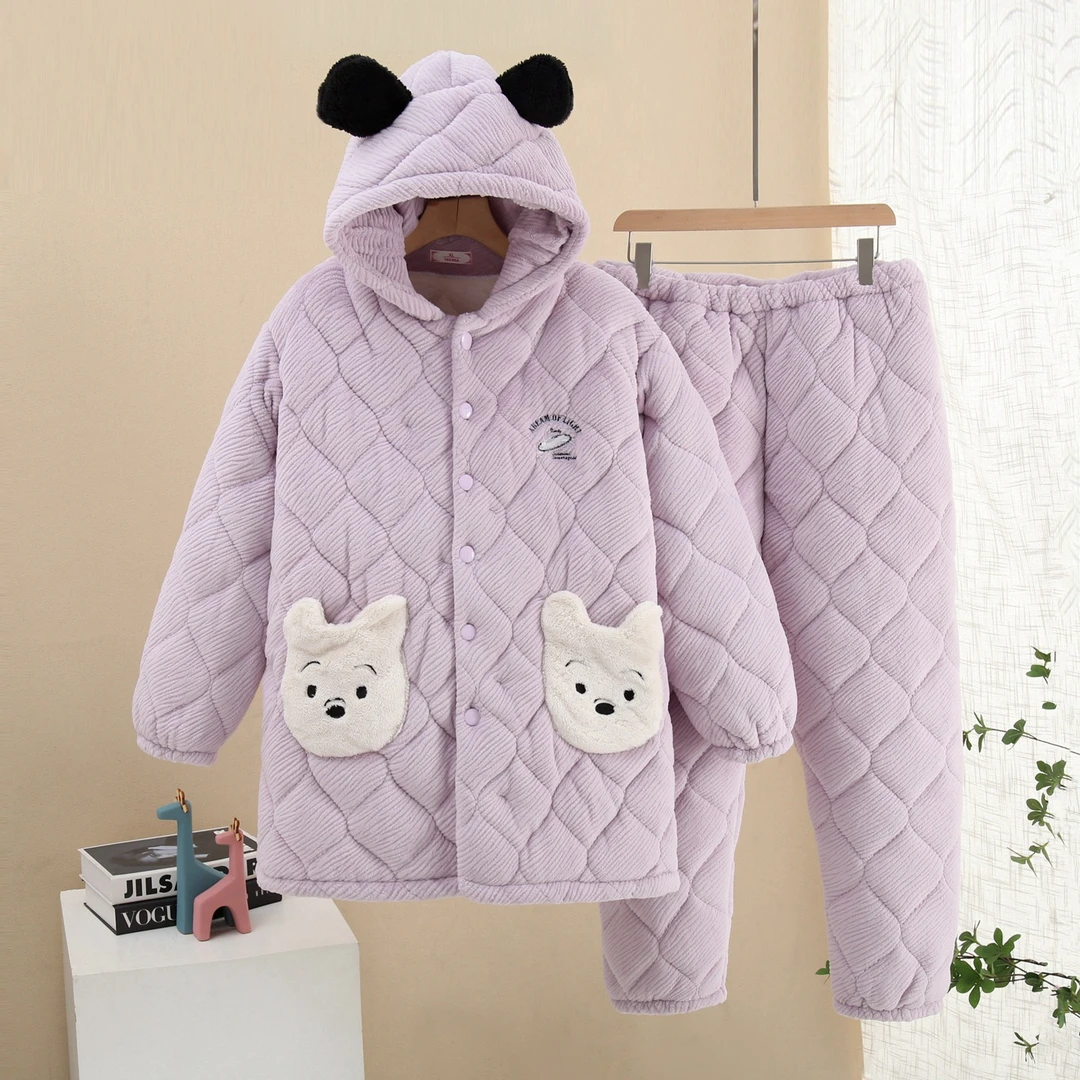 冬季三层加厚连帽睡衣女冬季法兰绒夹棉睡衣女士孕妇家居服套装