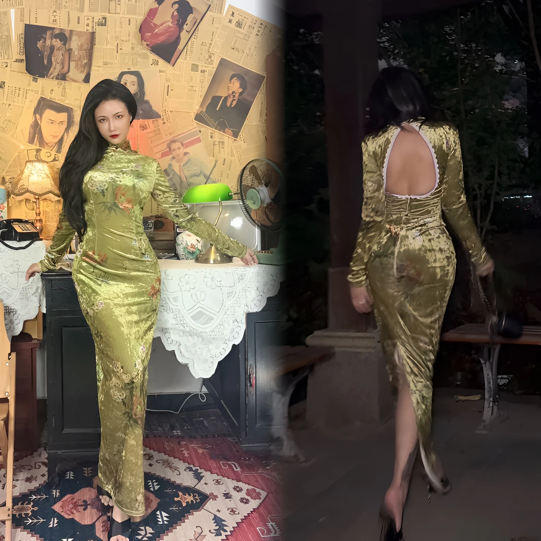 四月芳菲【好景常在】原创自制秋冬款钻石绒黄绿色露背复古气质旗袍