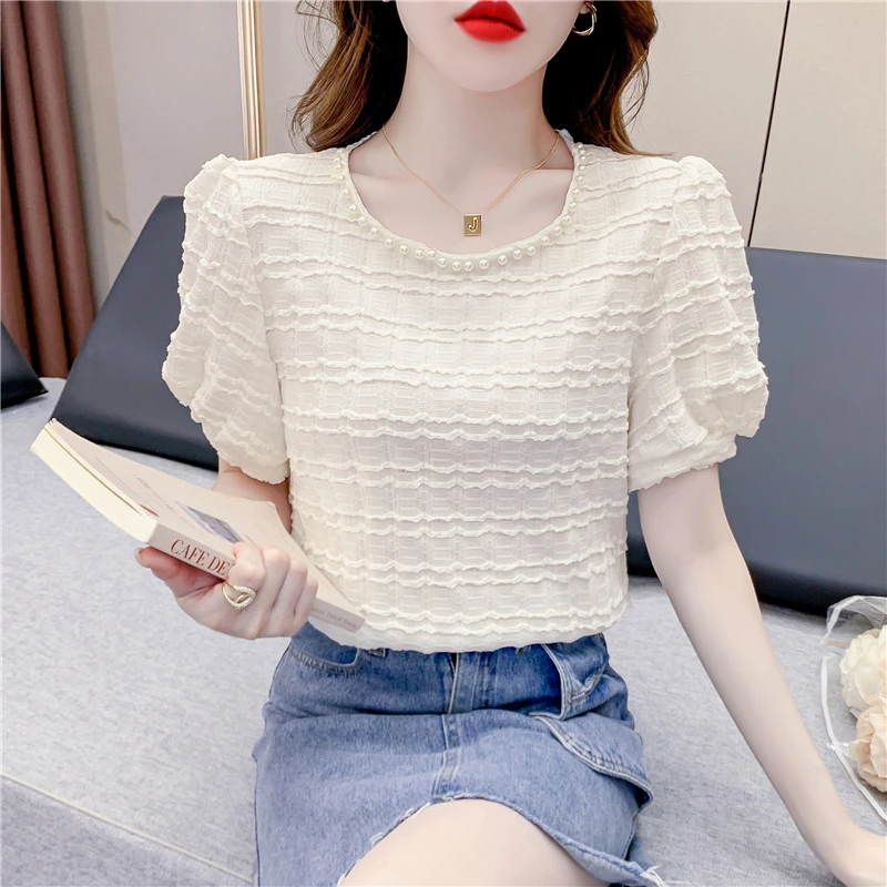 钉珠肌理感蕾丝短袖T恤女装夏季时尚甜美洋气小衫泡泡袖短款上衣