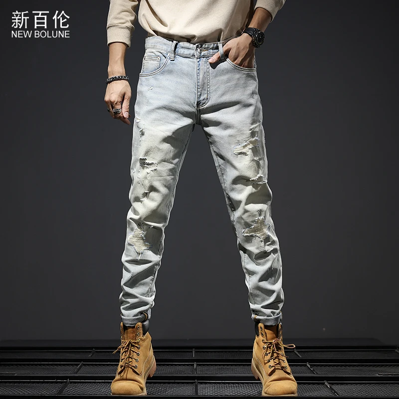 新百伦时尚破洞牛仔裤男士百搭修身小直筒小脚长裤2025年秋季新款