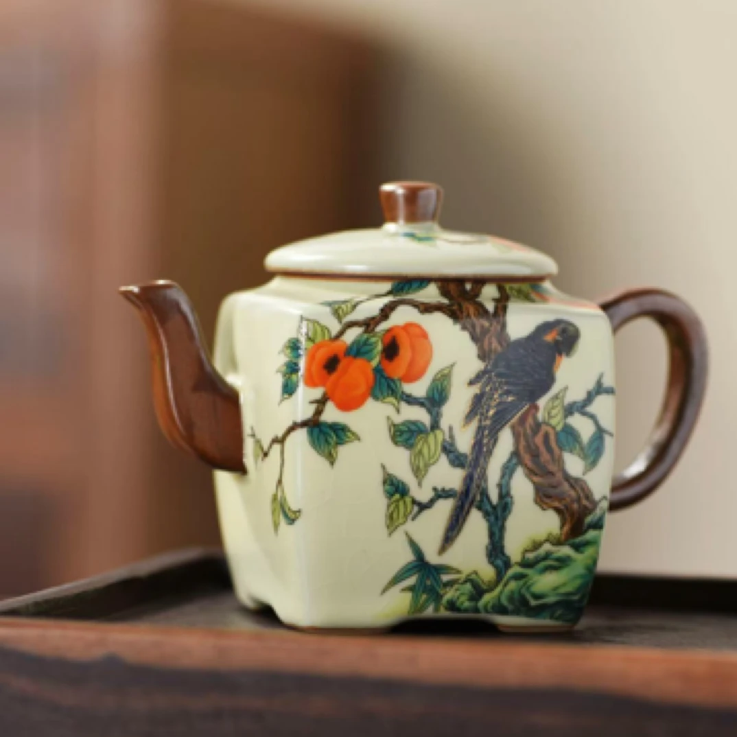 岑汝四方壶柿柿鹦鹉开片可养茶壶200cc无礼盒