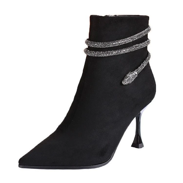 断码【万达撤柜】黑色法式高跟短靴女冬季新款细跟瘦瘦靴水钻蛇