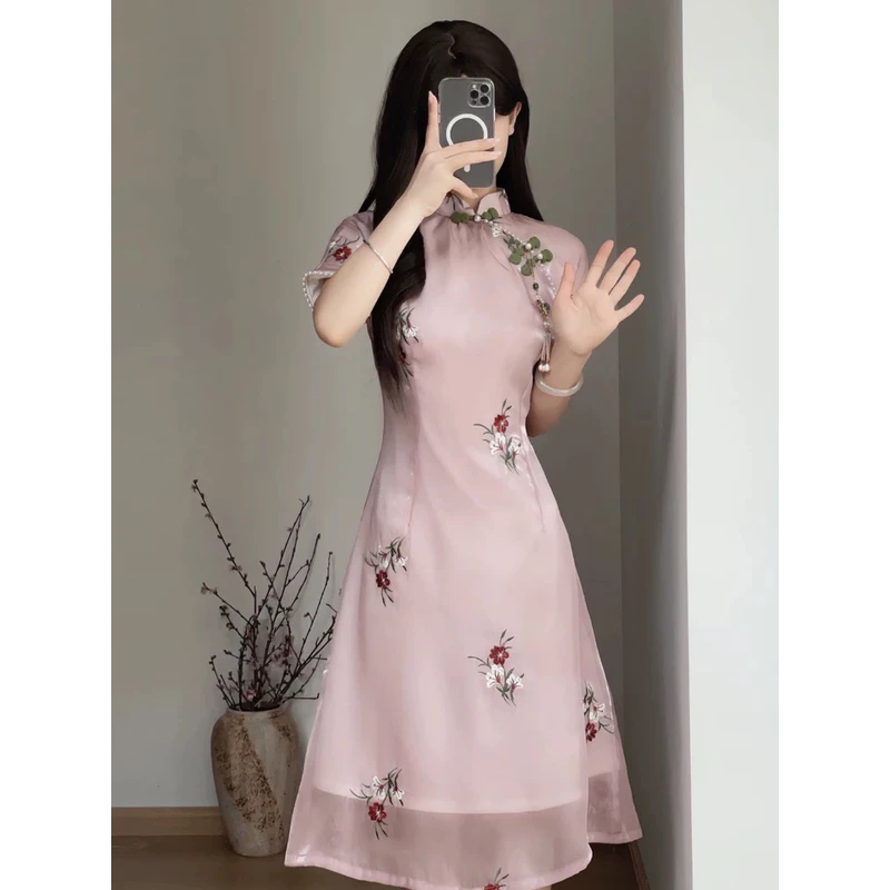 V-2391 蔷薇  流光纱绣花 双层 A版夏款年轻款改良旗袍110cm长款