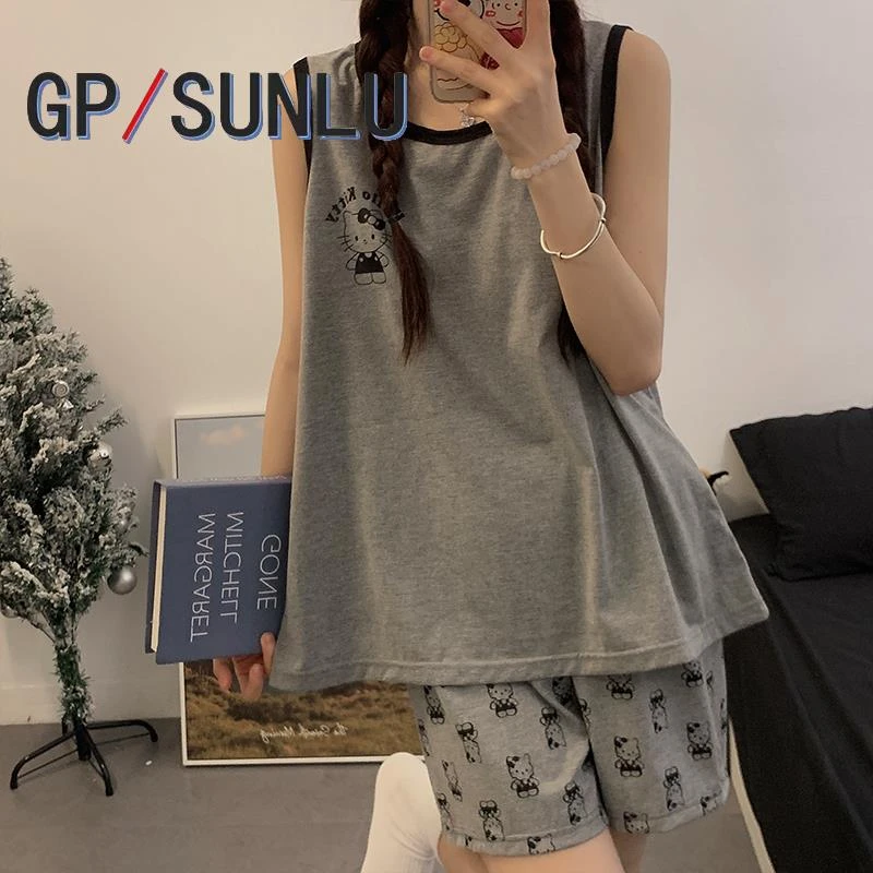 日本小众GP无袖棉质睡衣女夏季天KT猫背心薄款两件套韩版卡通短裤