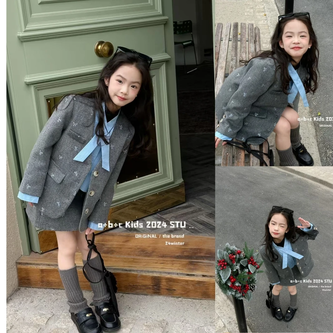 【羽绒！假2件】韩版女童装中大童冬季甜美毛呢大衣外套短裙套装