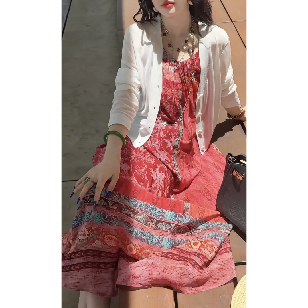 夏季印花吊带裙古风连衣裙A字中长裙汉元素开衫S-2XL聚酯纤维红色