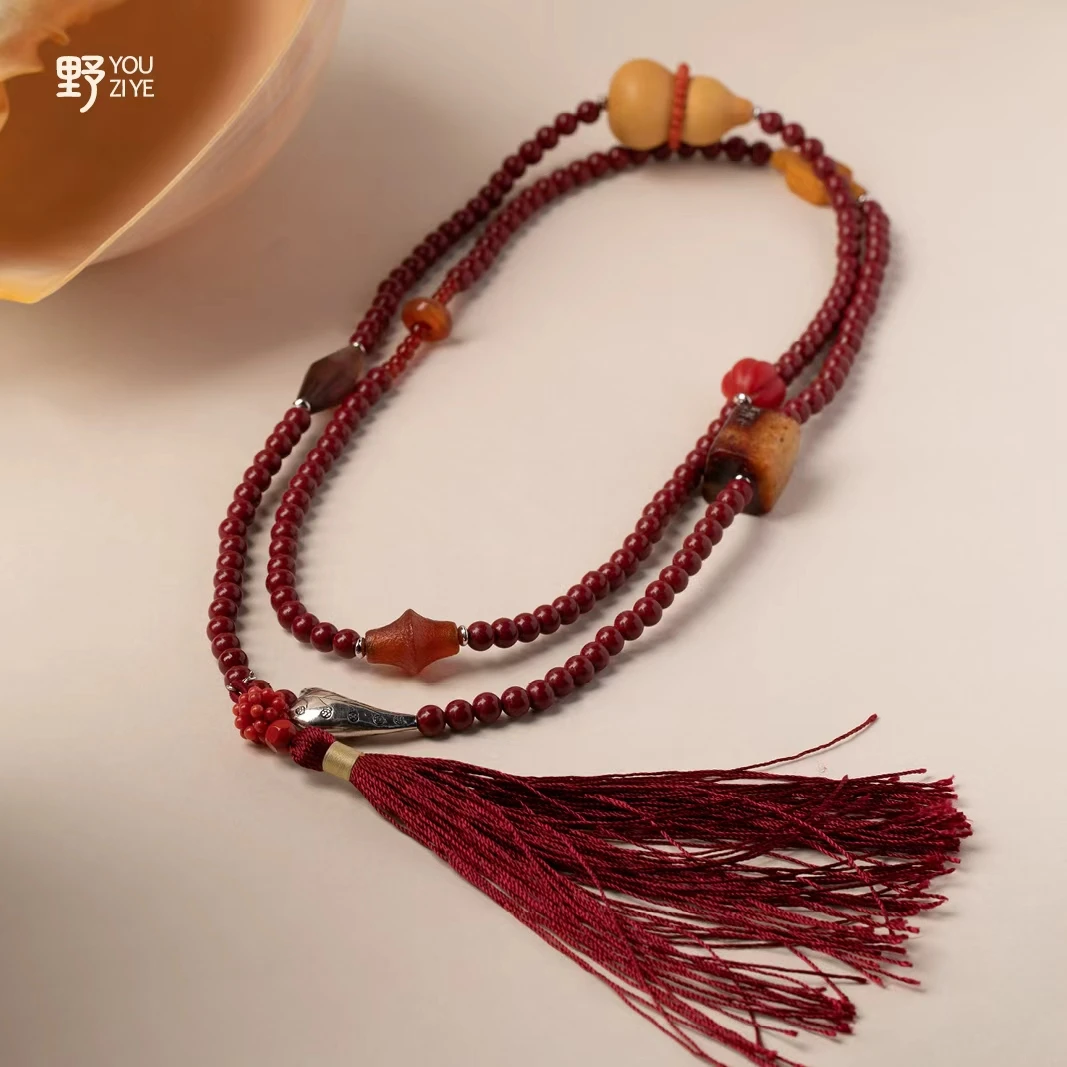 由子野 天然辰砂【八宝紫金文玩链】6mm紫金砂 长约115cm 牛骨 葫芦