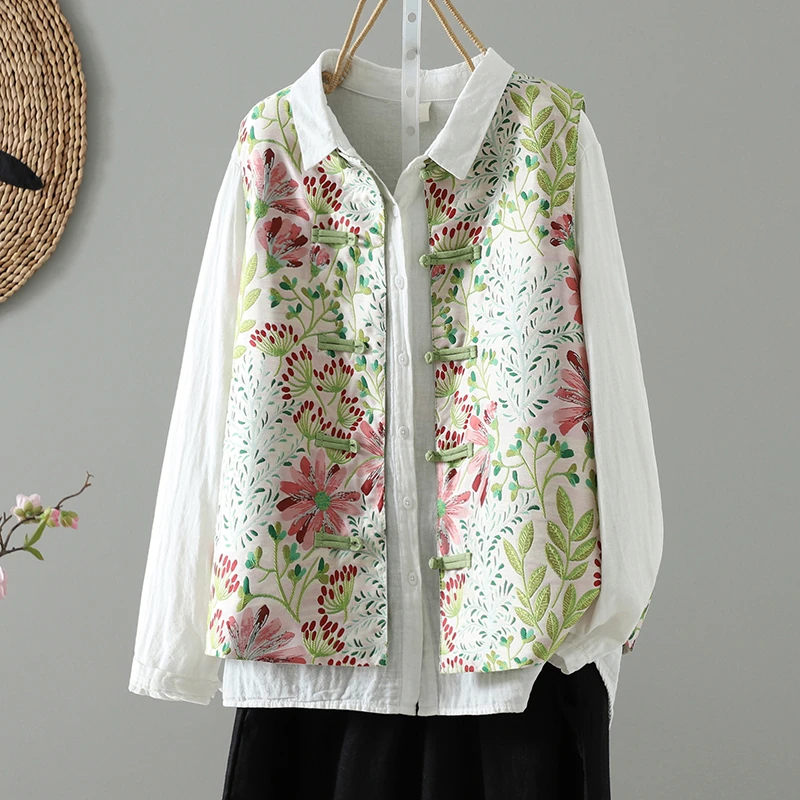 2025春刺绣宽松中式民族风提花碎花背心文艺大码马甲上衣马甲