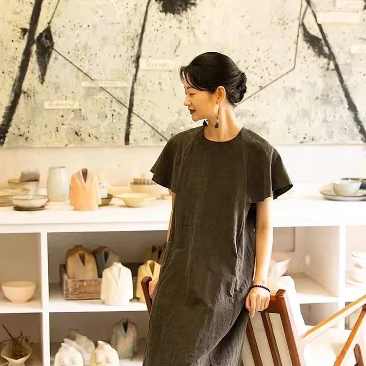 【NMS 诗绣香云纱】龟裂纹香云纱宽松飞袖连衣裙