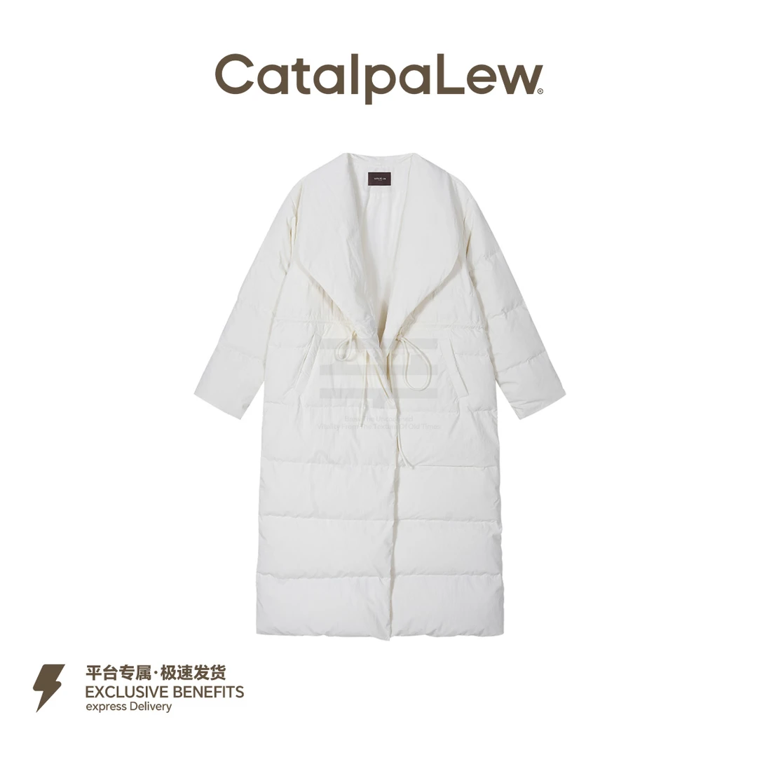CatalpaLew「大被子羽」墟生美学翻领系腰中长款羽绒服#C53649