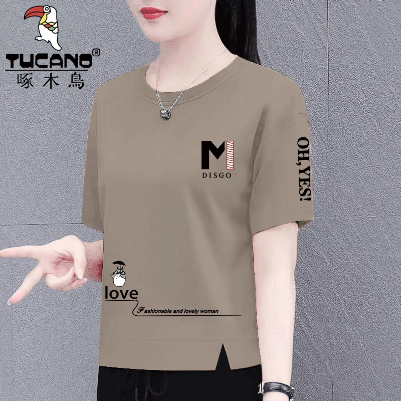 啄木鸟纯棉圆领短袖T恤女夏季新款妈妈装大码宽松胖MM显瘦上衣服