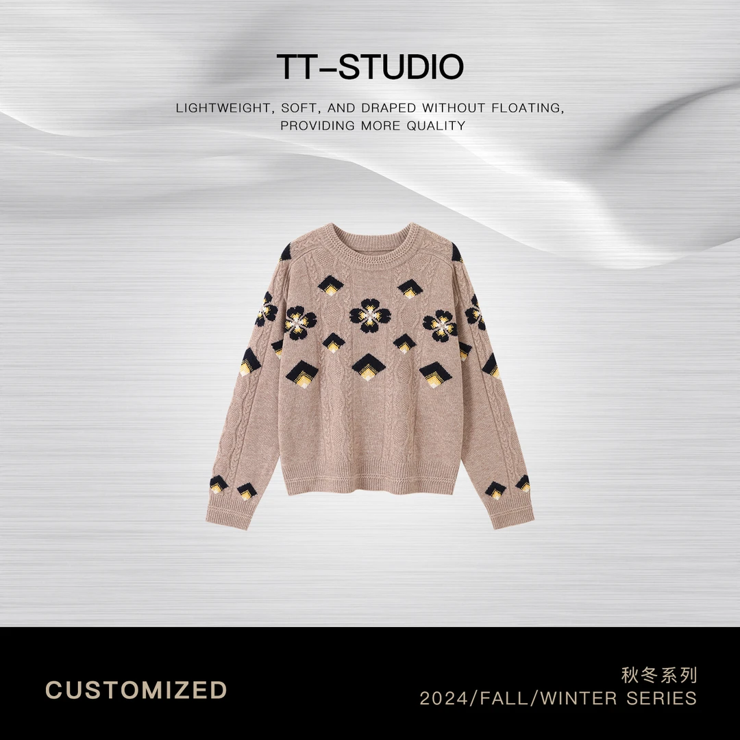 TT【软糯小香】100绵羊毛衫轻奢提花圆领加厚保暖针织毛衣TT-ZS6758