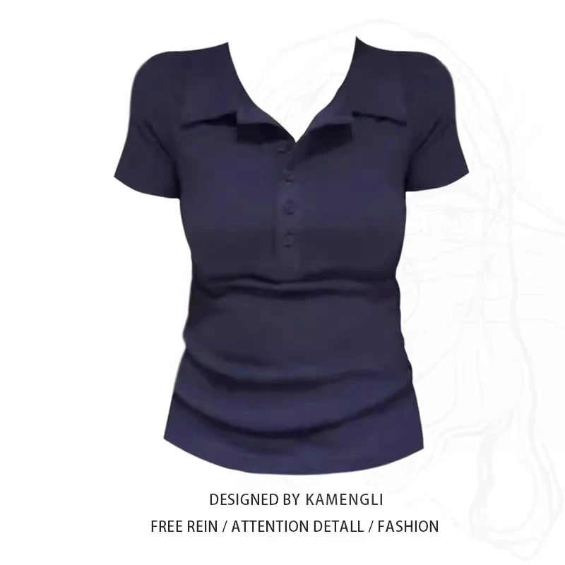 咔萌莉胖mm大码美式复古风纽扣polo领短袖女t恤女夏新款显瘦上衣2