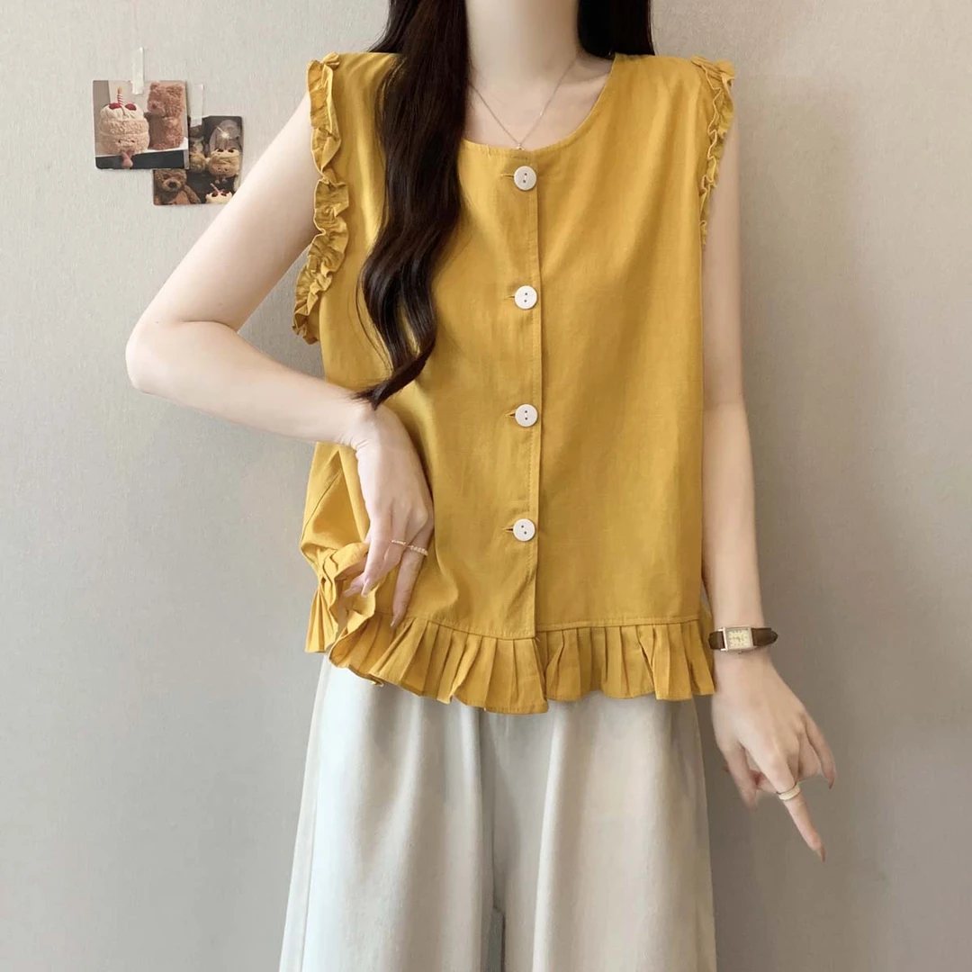 大码女装遮肚子设计感小众木耳边无袖衬衫女夏季胖mm百搭显瘦上衣