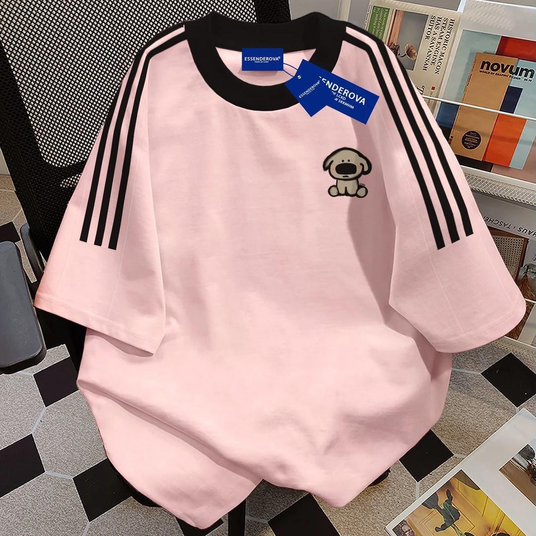 100%纯棉2026新款小狗印花三条杠短袖t恤男女夏季休闲宽松上衣ins