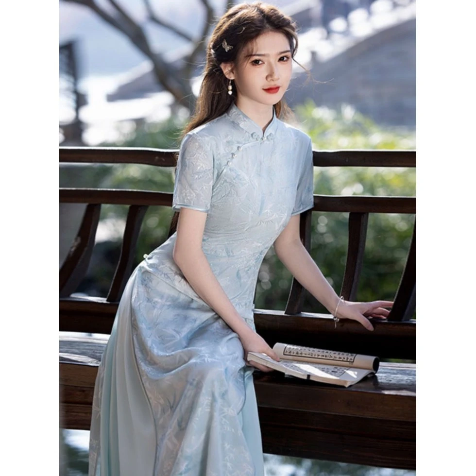 画报夫人显瘦奥黛新中式改良旗袍新款轻款女国风复古连衣裙日常可