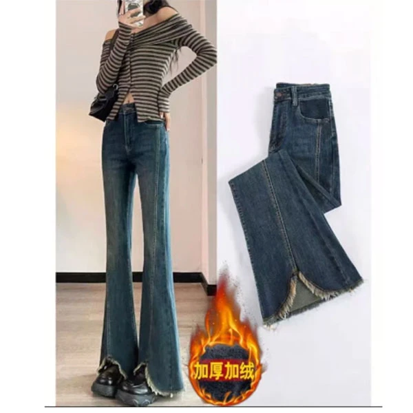 7666 GY美式复古加绒弹力微喇牛仔裤阔腿长裤女秋冬垂感高腰显瘦