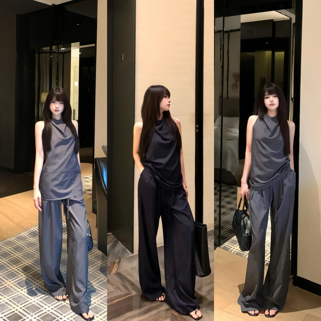 【无垠之界】休闲荡领挖肩背心直筒西装阔腿裤女套装宽松清冷松弛感
