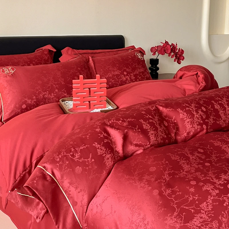 轻奢提花婚庆结婚床上四件套大红色全棉床单纯棉被套婚房陪嫁床品