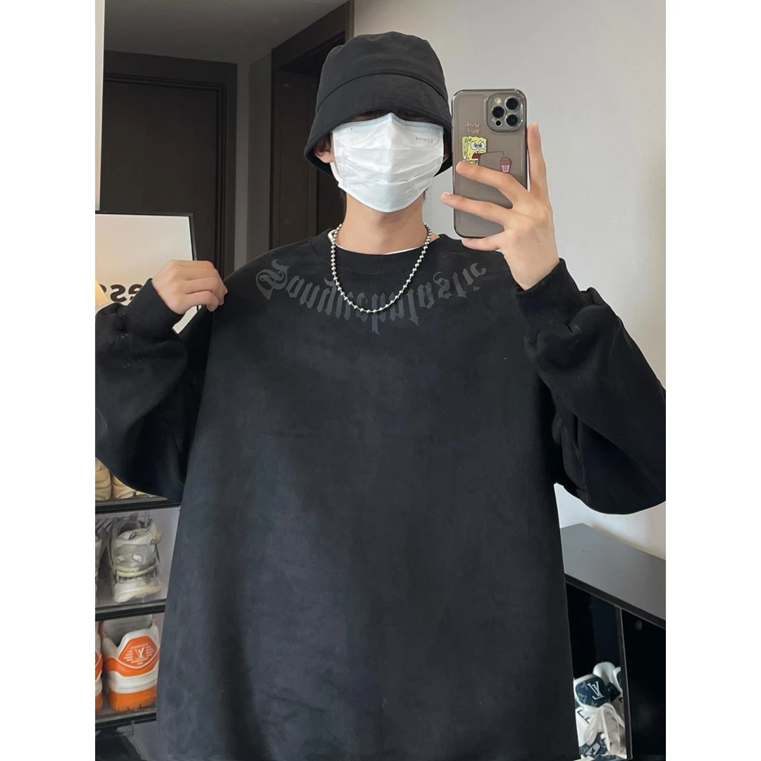 春秋潮牌大码卫衣麂皮绒男300斤重磅痞帅高级感宽松休闲无帽卫衣