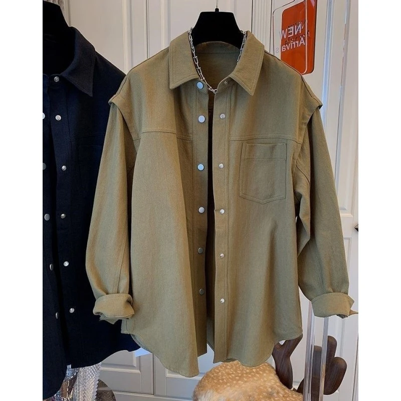 2025春季新款韩版复古宽松休闲牛仔外套女大码工装洗水棉衬衫上衣