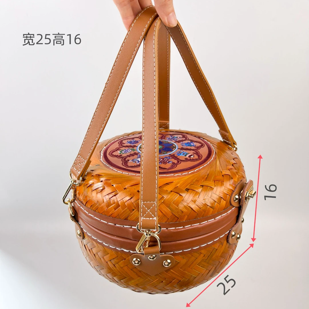 手工竹篮子藏式洛玛竹筐装零食牛肉干两个背带加厚双层携带方便