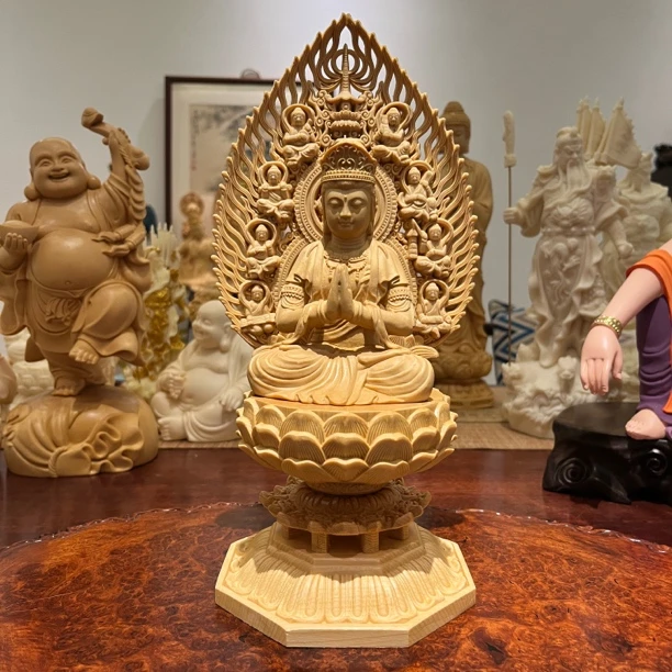桧木普贤菩萨实木雕刻手工艺摆件28cm
