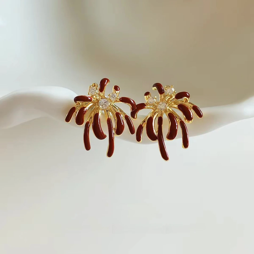 红色珐琅烟火耳环女新款小众独特耳钉轻奢高级感时尚气质耳饰品