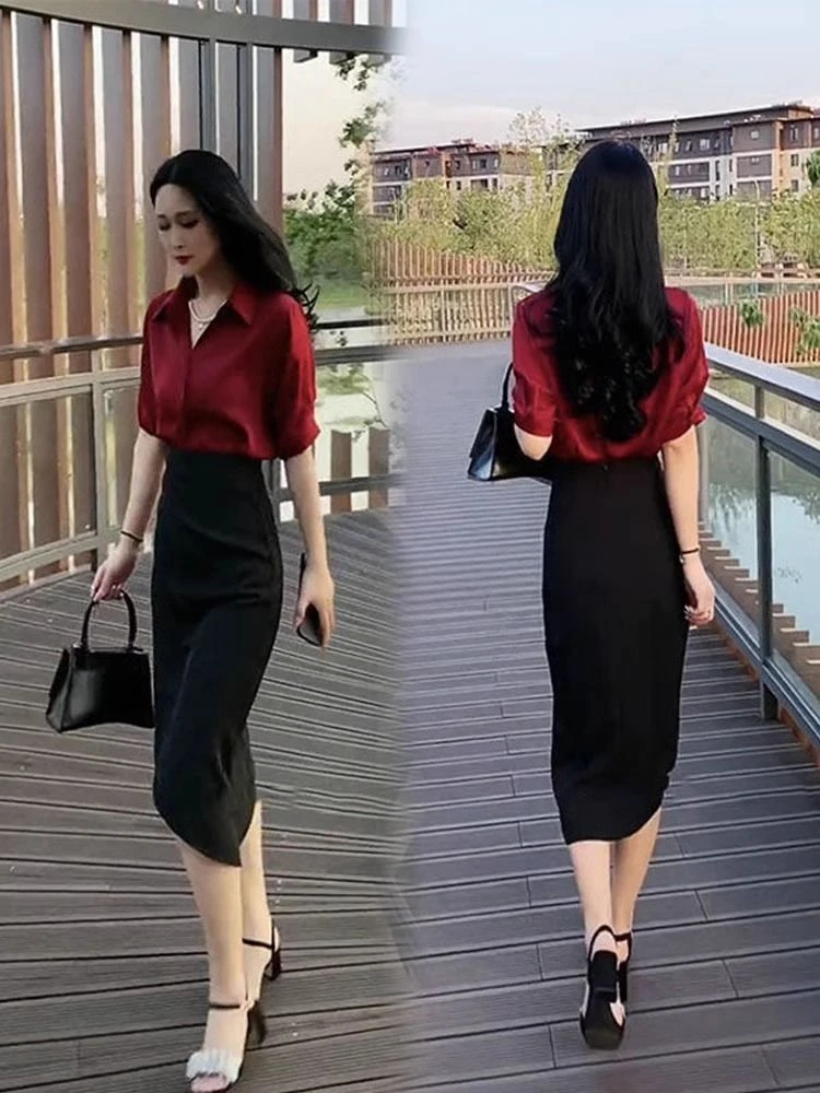 法式慵懒风时尚两件套裙女2025夏装新款气质衬衫显瘦短袖开叉长裙