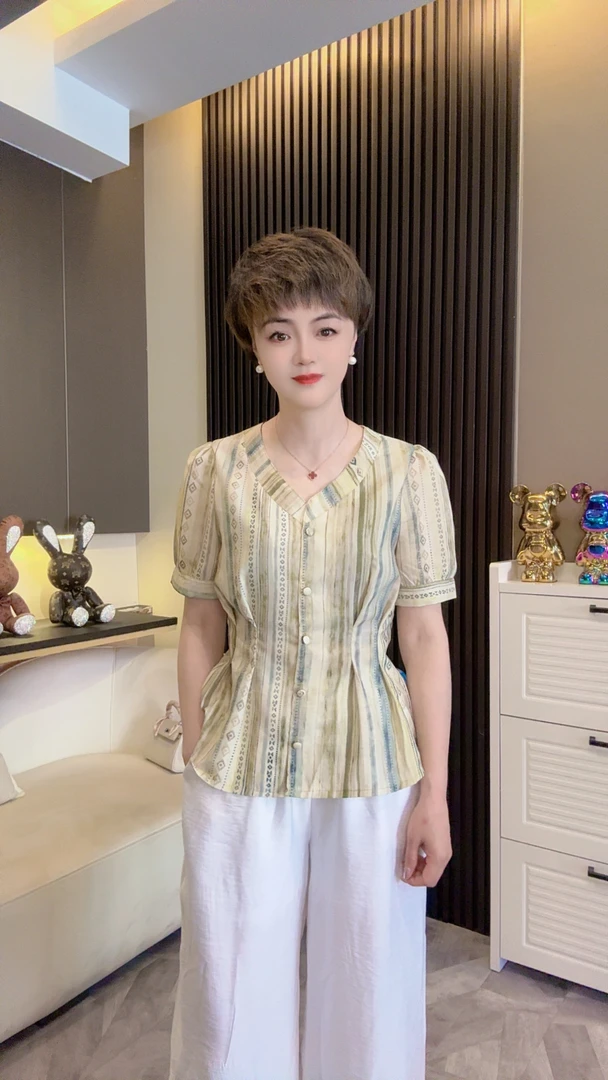 短袖极简风印花夏季常规V领衬衫夏装衬衣减龄气质6963