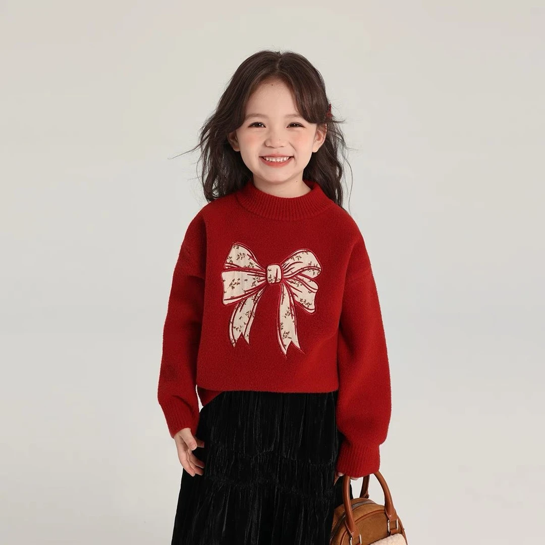 童装冬装女童洋气2025秋冬季新款儿童百搭蝴蝶结过新年服加厚毛衣