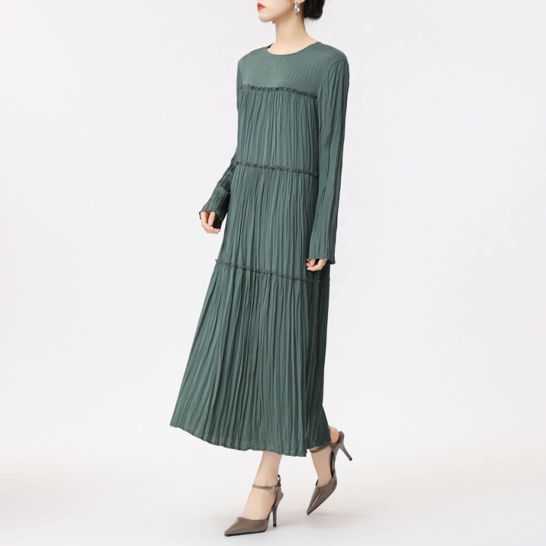 AMASS/阿玛施 优雅圆领压褶长袖连衣裙宽松中长款洋装 5500445