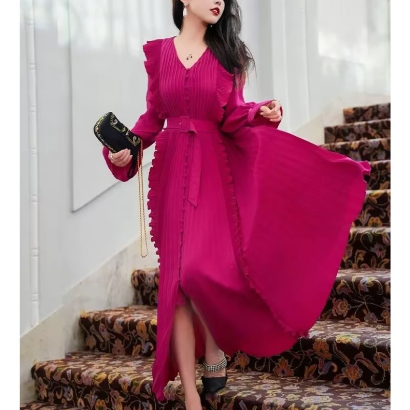 【酒窖玫瑰】意大利压褶雪纺V领方扣收腰长袖气质连衣裙GL1985