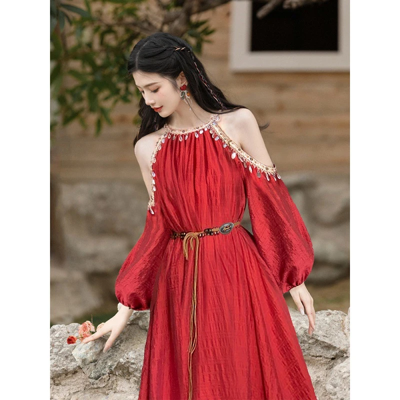 复古民族风超好看红色露肩连衣裙云南大理旅游度假拍照绝美长裙子