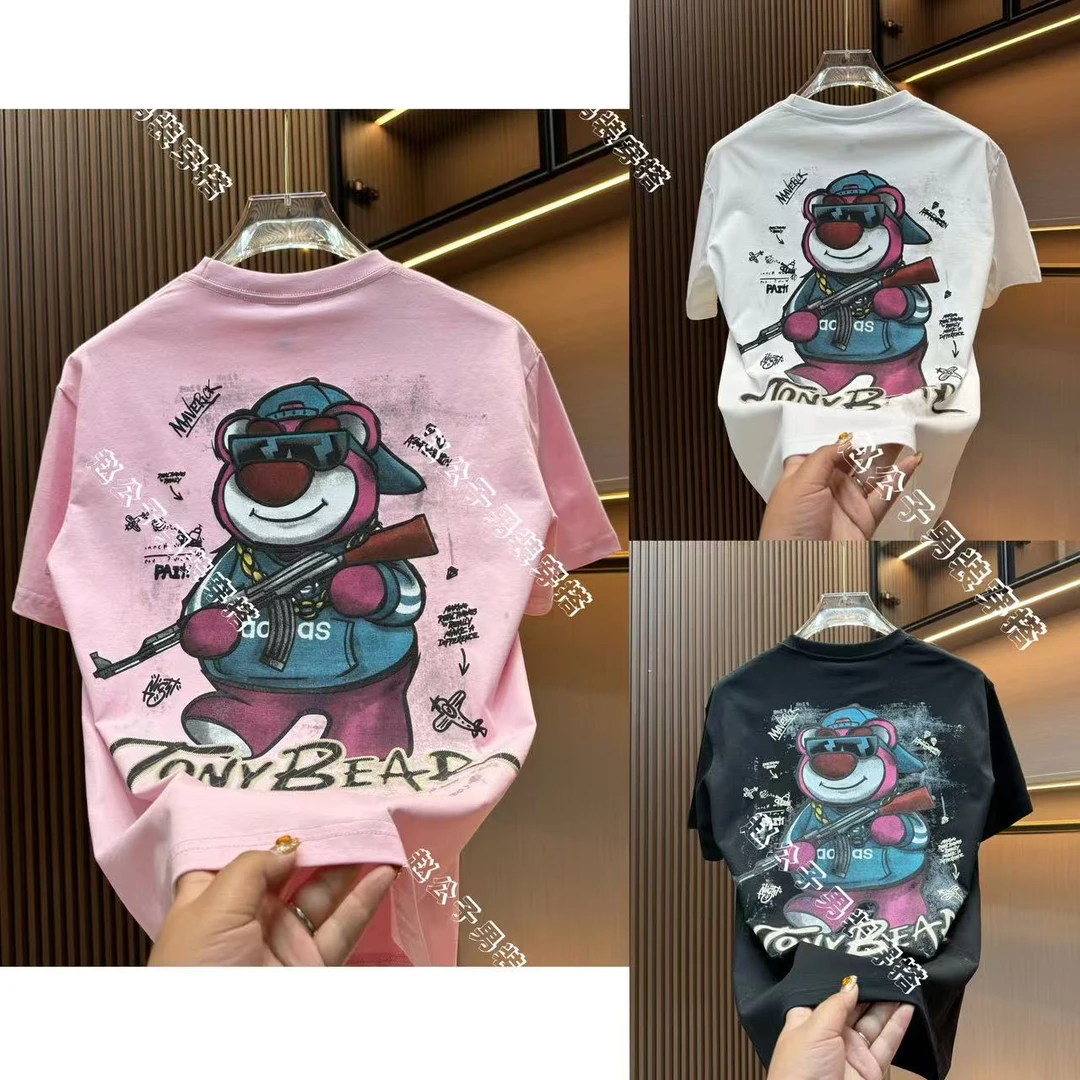 欧洲站潮牌春季新款圆领男士t恤卡通小熊印花半袖美式上衣