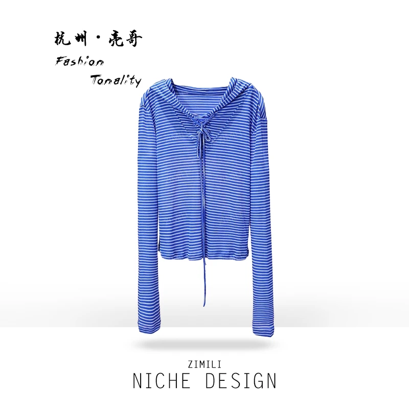 【亮哥女装】2025欧版蓝色经典细条纹拼接蕾丝高弹打底上衣9037-A9