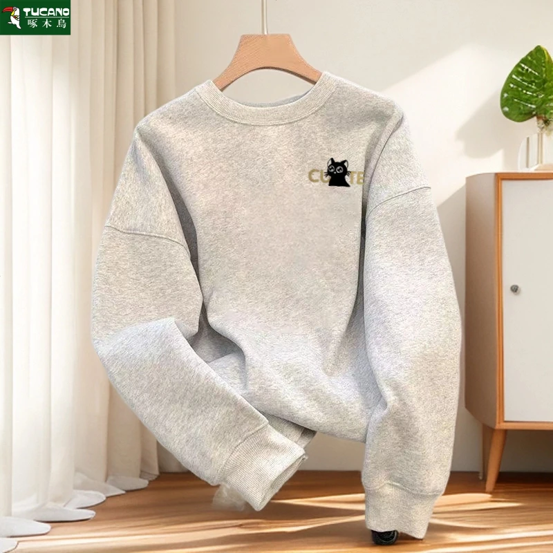 啄木鸟重磅男款宽松长袖卫衣宽松圆领百搭印花韩版透气潮流休闲潮