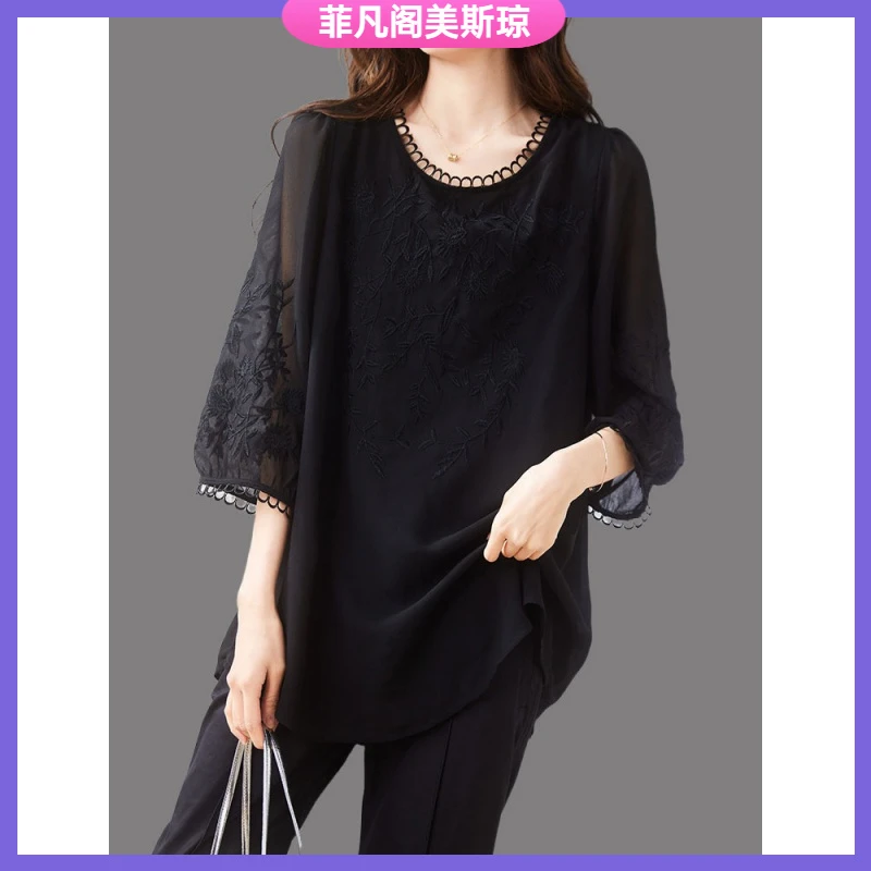 I黑色雪纺衬衫女短袖夏季妈妈洋气小衫大码宽松遮肚子上衣l