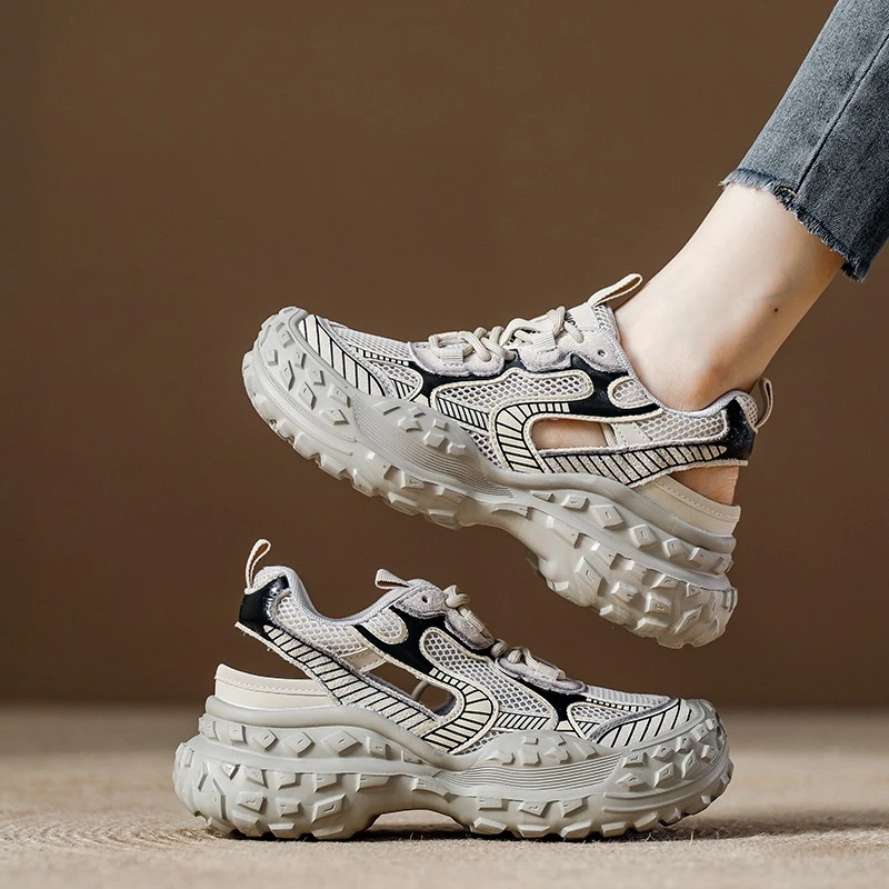 厚底包头运动凉鞋女夏季镂空休闲鞋2025新款网鞋透气网面老爹鞋女