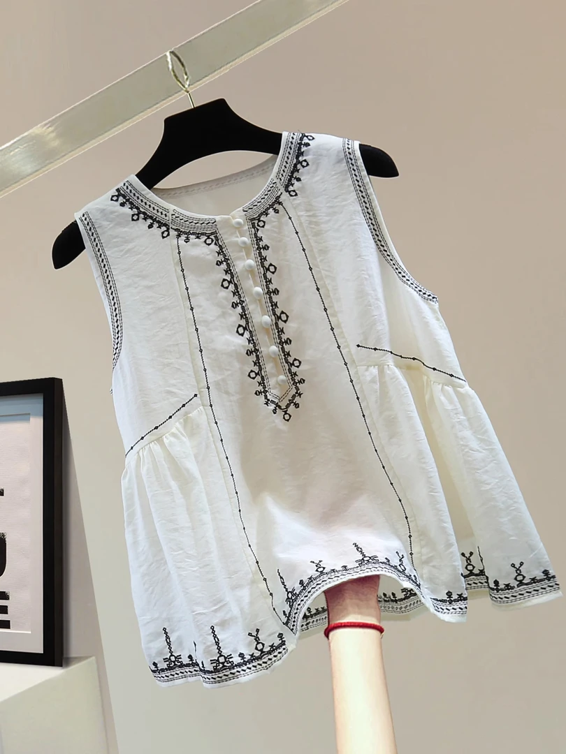 民族风刺绣圆领娃娃衫夏季新款韩版宽松显瘦复古绣花撞色无袖衬衫