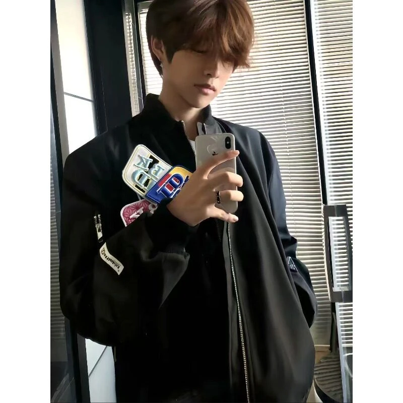 美式潮流百搭高街情侣春秋同款字母魔术贴刺绣休闲复古夹克外套