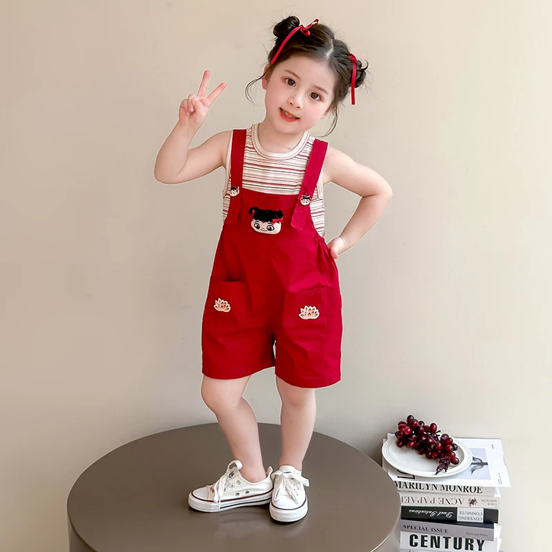 女童哪吒背带裤套装2025新款儿童夏装国潮洋气宝宝夏季时髦两件套