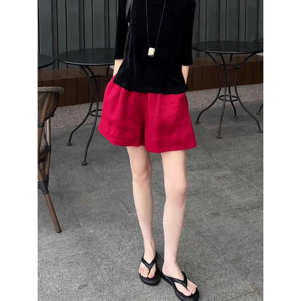 红色休闲短裤女夏季2025流行新款高腰时尚百搭显瘦a字阔腿裤外穿