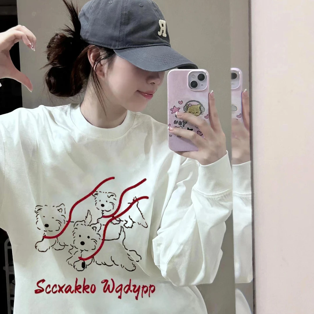 美式纯棉长袖t恤女春秋2025新款宽松慵懒风打底衫内搭外穿上衣服