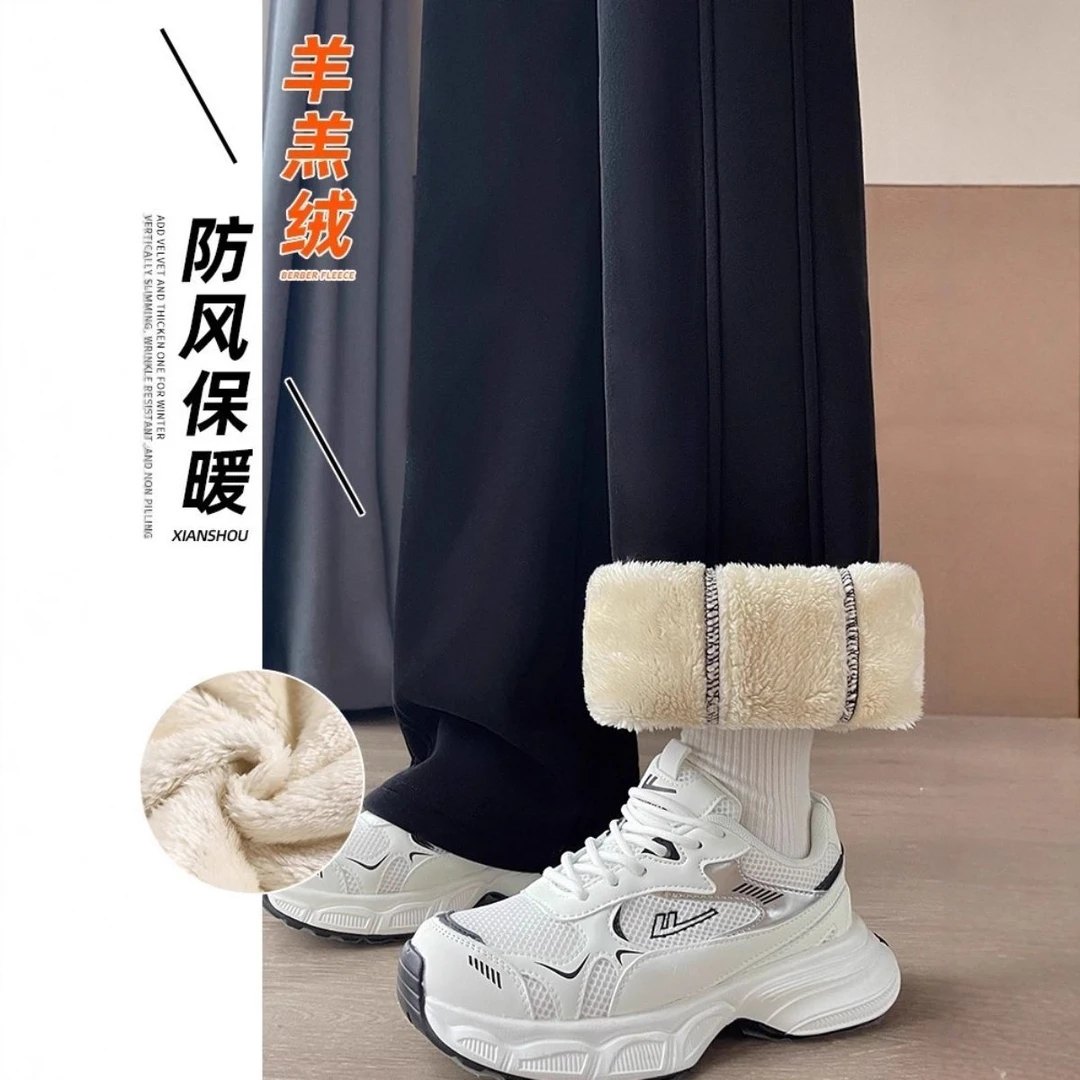 啄木鸟新款直筒裤休闲裤女款日常百搭通勤慵懒加绒加厚羊羔绒秋冬