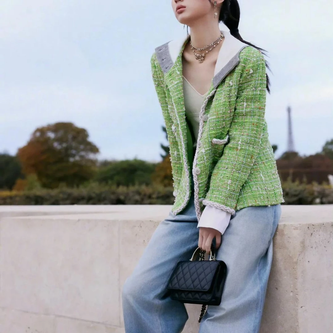 【LJ】香家新款绿色拼接粗花呢外套